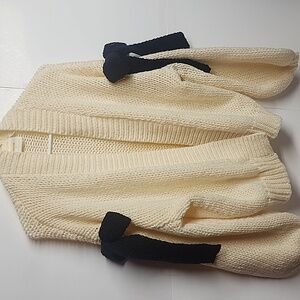 Anthropologie Maeve Adorable Oversized Open Cream Cardigan with Black Bows. Rare